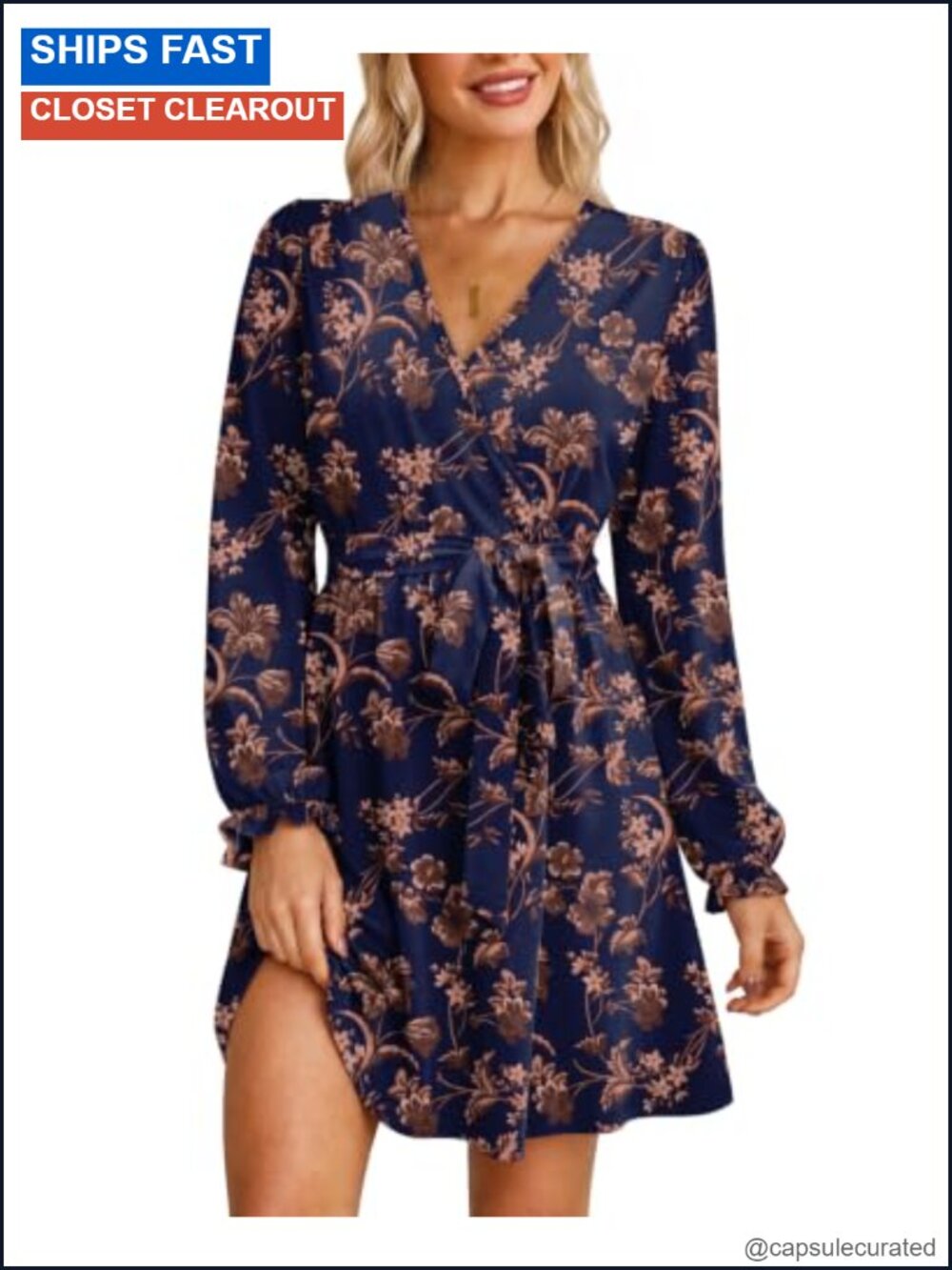 Wrap V-Neck Long Sleeve Belted A-Line Dress Fall